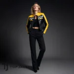 Yellow Black Checkered Racing Jacket, Women Leather Moto Jacket, Kendall Jenner Inspired Outerwear