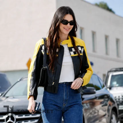 Yellow Black Leather Racing Jacket, Women Colorblock Moto Biker Coat, Celebrity Inspired Fashion Jacket
