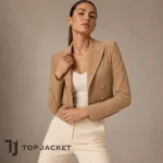 iCarly Carly Shay Cropped Blazer, Sand Faux Suede Jacket, Women Beige Gold Button Blazer