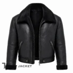 Black Cropped Leather Jacket Men, Shearling Bomber Jacket, Aviator Flight Coat, Faux Fur Collar Winter Jacket