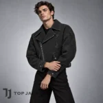 Black Cropped Moto Jacket Men, Vintage Style Biker Jacket, Oversized Y2K Streetwear, Punk Rock Gothic Coat