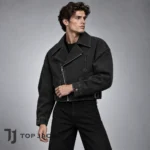 Black Cropped Rider Jacket for Men, Oversized Moto Biker Coat, Y2K Streetwear, Punk Gothic Motorcycle Jacket