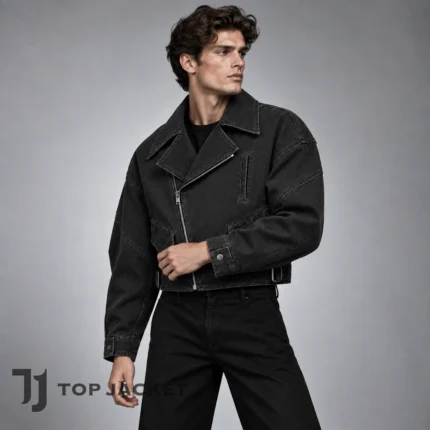 Black Cropped Rider Jacket for Men, Oversized Moto Biker Coat, Y2K Streetwear, Punk Gothic Motorcycle Jacket
