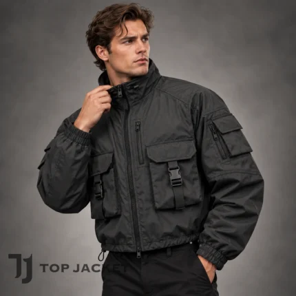 Black Cropped Tactical Jacket Men, Cargo Pocket Utility Bomber, Techwear Jacket, Urban Streetwear Military Coat