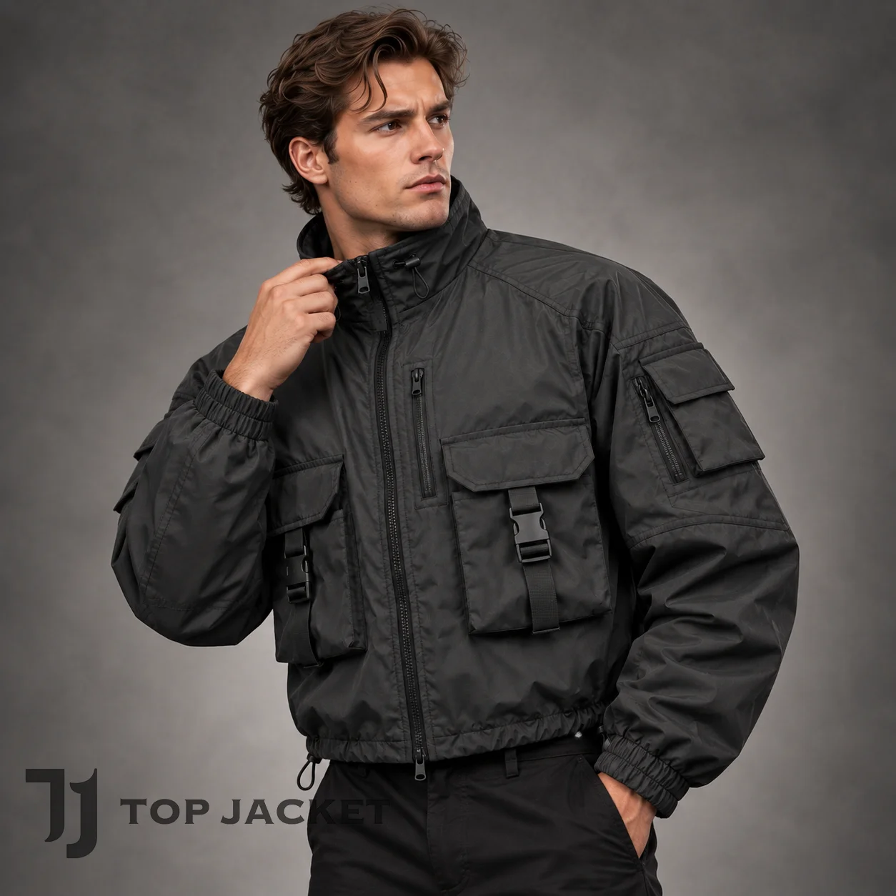 Black Cropped Tactical Jacket Men, Cargo Pocket Utility Bomber, Techwear Jacket, Urban Streetwear Military Coat Black Cropped Tactical Jacket Men, Cargo Pocket Utility Bomber, Techwear Jacket, Urban Streetwear Military Coat