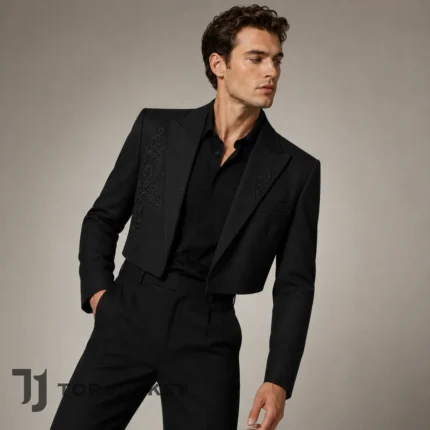 Black Embroidered Blazer Men, Cropped Suit Jacket, Gothic Baroque Jacket, Luxury Formal Wedding Evening Party Wear
