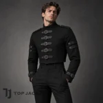 Black Gothic Cropped Jacket Men, Military Buckle Strap Coat, Punk Rock Steampunk Outfit, Alternative Grunge Fashion Jacket