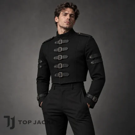 Black Gothic Cropped Jacket Men, Military Buckle Strap Coat, Punk Rock Steampunk Outfit, Alternative Grunge Fashion Jacket