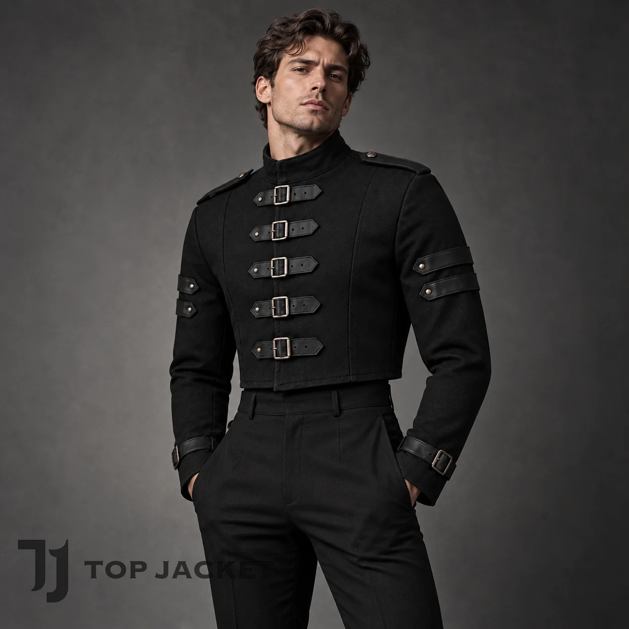 Black Gothic Cropped Jacket Men, Military Buckle Strap Coat, Punk Rock Steampunk Outfit, Alternative Grunge Fashion Jacket Black Gothic Cropped Jacket Men, Military Buckle Strap Coat, Punk Rock Steampunk Outfit, Alternative Grunge Fashion Jacket