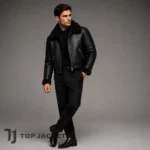 Black Leather Bomber Jacket Men, Cropped Shearling Aviator Coat, Fur Collar Biker Jacket, Winter Flight Style