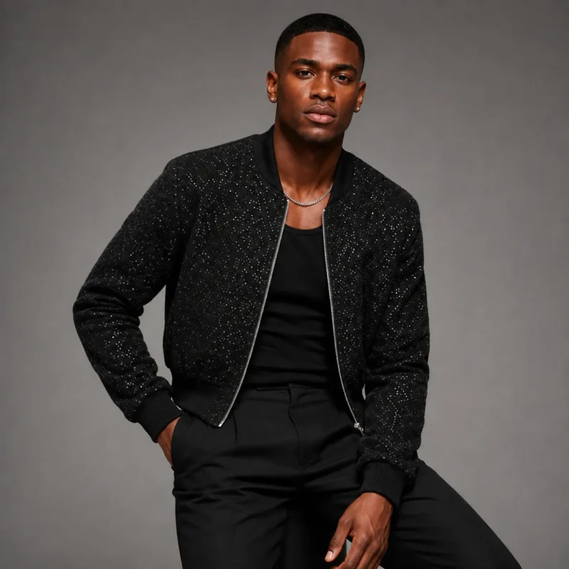 Black Sequin Cropped Jacket for Men
