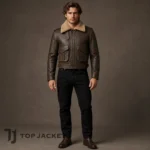 Brown Cropped Leather Jacket Men, Vintage Aviator Bomber, Shearling Collar Flight Jacket, Military Utility Pilot Coat