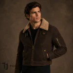 Cropped Bomber Jacket Men, Brown Aviator Flight Jacket, Shearling Collar Pilot Coat, Vintage Y2K Biker Jacket, Short Jacket