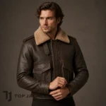 Cropped Leather Jacket Men, Brown Aviator Bomber, Vintage Shearling Collar Flight Jacket, Y2K Pilot Utility Jacket