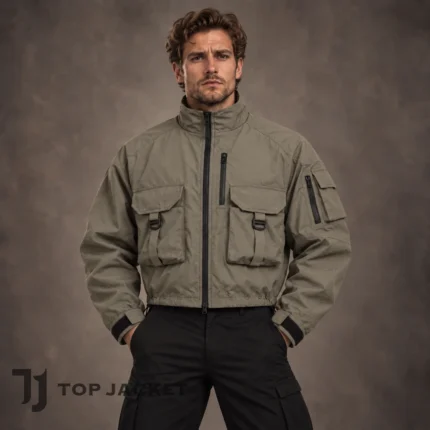 Khaki Techwear Cropped Jacket Men, Multi Pocket Tactical Bomber, Cargo Utility Windbreaker, Urban Military Streetwear