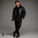 Men’s Black Cropped Biker Jacket, Shearling Leather Aviator Bomber, Faux Fur Lined Winter Jacket, Pilot Flight Coat