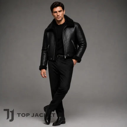Men’s Black Cropped Biker Jacket, Shearling Leather Aviator Bomber, Faux Fur Lined Winter Jacket, Pilot Flight Coat