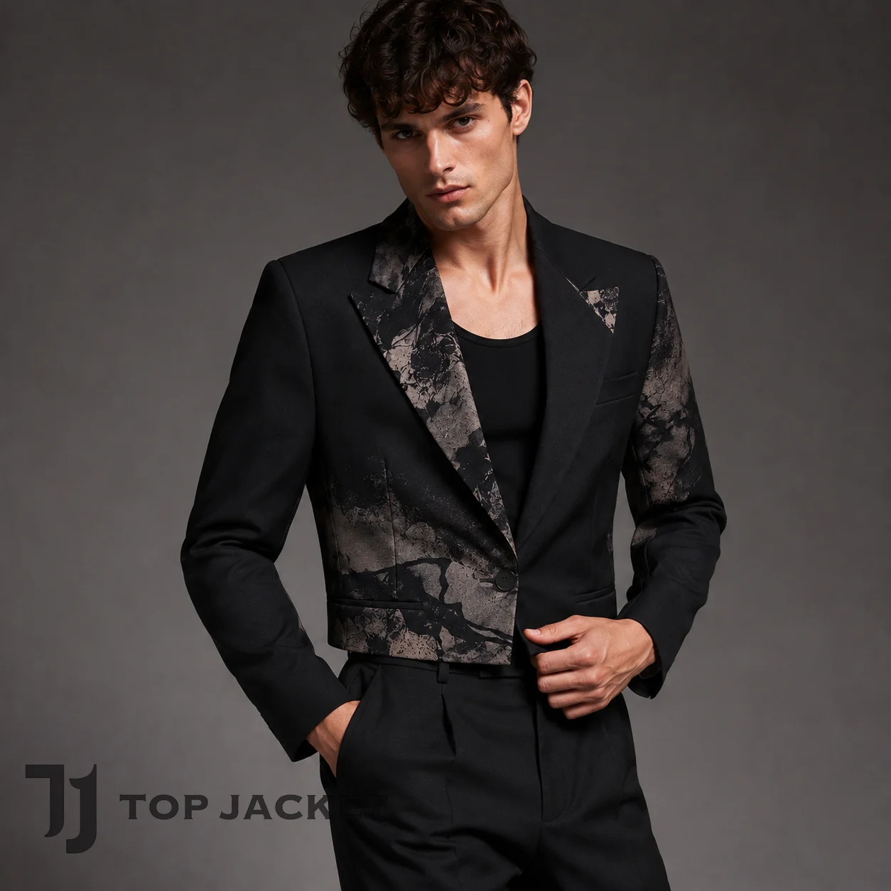 Men’s Black Cropped Blazer, Abstract Print Suit Jacket, Gothic Short Blazer, Modern Formal Party Wedding Statement Jacket Men’s Black Cropped Blazer, Abstract Print Suit Jacket, Gothic Short Blazer, Modern Formal Party Wedding Statement Jacket