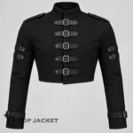 Men’s Black Cropped Gothic Jacket, Military Buckle Jacket, Punk Rock Moto Coat, Alternative Festival Steampunk Fashion