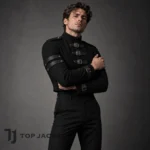 Men’s Black Punk Cropped Jacket, Gothic Military Coat, Buckle Strap Steampunk Jacket, Alternative Rock Stage Festival Outfit