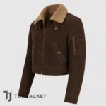Men’s Brown Cropped Bomber Jacket, Aviator Flight Jacket, Shearling Collar Pilot Jacket, Vintage Short Waist Biker Coat