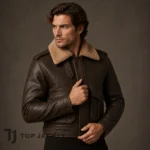 Men’s Brown Cropped Bomber Jacket, Leather Aviator Flight Jacket, Shearling Collar Pilot Coat, Vintage Military Jacket