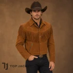 Men’s Brown Cropped Cowboy Jacket, Suede Western Fringe Coat, Vintage Rodeo Leather Jacket, Ranch Country Western Wear