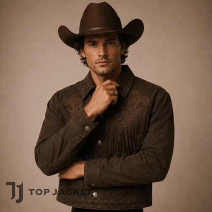 Men’s Brown Cropped Fringe Jacket, Western Cowboy Leather Coat, Embroidered Rodeo Jacket, Vintage Ranch Country Western Style