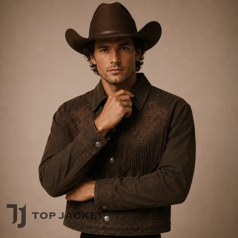 Brown cropped western jacket with fringe and embroidery
