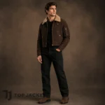 Men’s Brown Cropped Jacket, Aviator Bomber with Shearling Collar, Vintage Flight Jacket, Short Pilot Jacket, Moto Streetwear