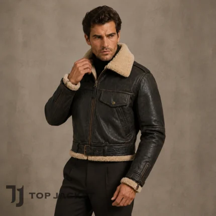 Men’s Brown Cropped Leather Jacket, Shearling Aviator Bomber, Faux Fur Collar Moto Jacket, Vintage Biker Winter Coat
