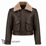Men’s Brown Cropped Leather Jacket, Shearling Collar Aviator Bomber, Vintage Flight Pilot Jacket, Short Utility Jacket