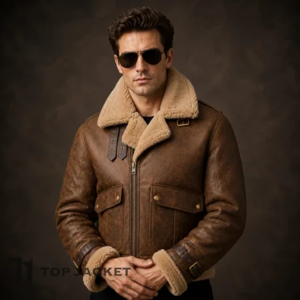 Men’s Brown Shearling Leather Jacket, Cropped Aviator Bomber Coat, Distressed Vintage Flight Jacket, Fur Collar Winter Jacket