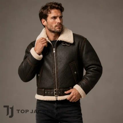 Men’s Cropped Biker Leather Jacket, Aviator Bomber with Faux Fur Collar, Belted Flight Jacket, Vintage Shearling Motorcycle Coat