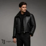 Men’s Cropped Black Aviator Jacket, Shearling Leather Bomber, Faux Fur Collar Flight Jacket, Vintage Winter Coat