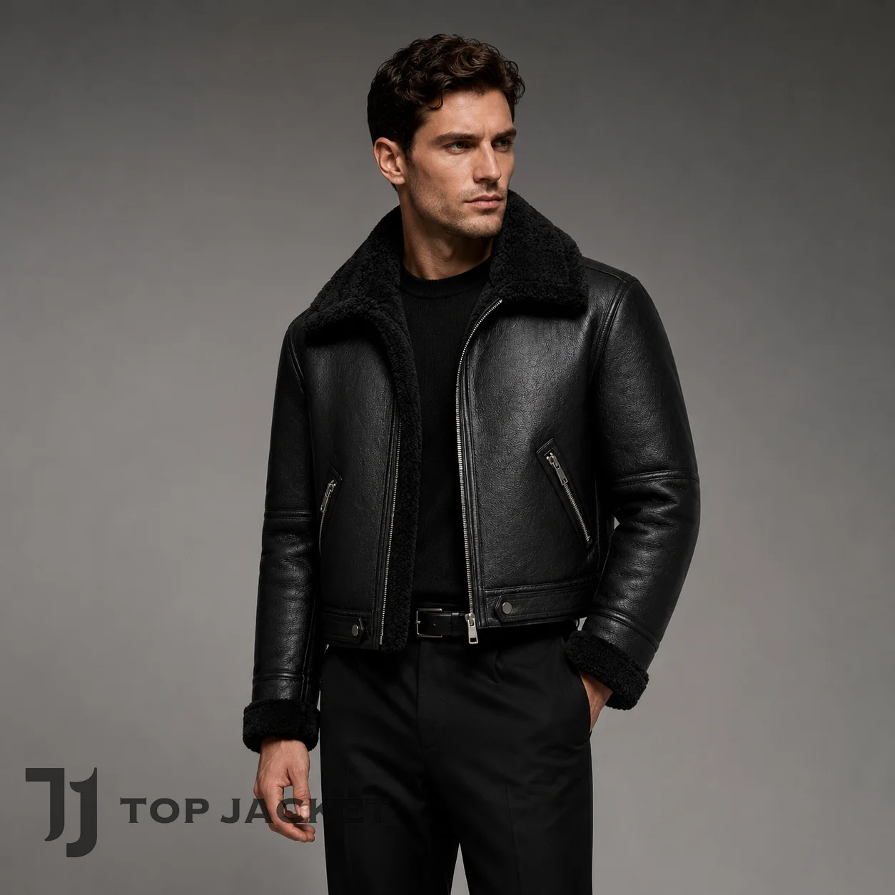 Men’s Cropped Black Aviator Jacket, Shearling Leather Bomber, Faux Fur Collar Flight Jacket, Vintage Winter Coat Men’s Cropped Black Aviator Jacket, Shearling Leather Bomber, Faux Fur Collar Flight Jacket, Vintage Winter Coat
