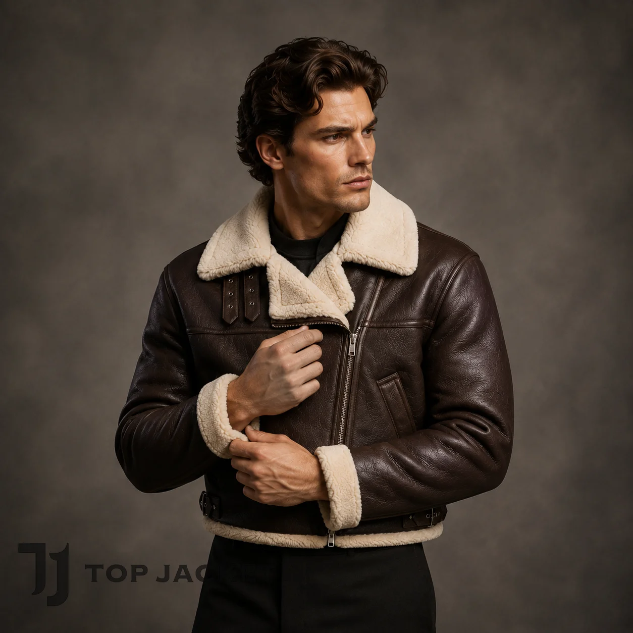 Men’s Cropped Brown Leather Shearling Jacket, Aviator Biker Bomber, Faux Fur Collar Vintage Winter Moto Jacket, Gift for Him Men’s Cropped Brown Leather Shearling Jacket, Aviator Biker Bomber, Faux Fur Collar Vintage Winter Moto Jacket, Gift for Him