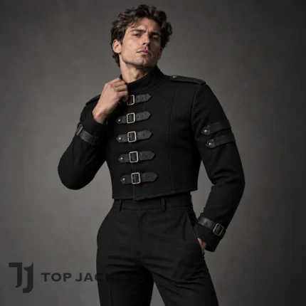Men’s Cropped Gothic Military Jacket, Black Buckle Front Coat, Punk Steampunk Fashion, Alternative Festival Stage Jacket