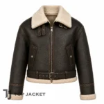 Men’s Cropped Leather Aviator Jacket, Faux Fur Shearling Collar Bomber, Belted Biker Flight Jacket, Winter Motorcycle Coat