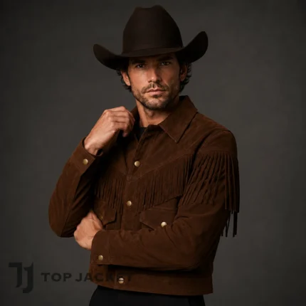 Men’s Cropped Suede Cowboy Jacket, Brown Western Fringe Coat, Vintage Rodeo Jacket, Ranch Country Concert Outfit for Men