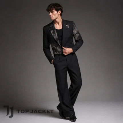 Men’s Cropped Suit Jacket, Black Grey Abstract Blazer, Gothic Formal Jacket, Designer Style Wedding Prom Party Blazer