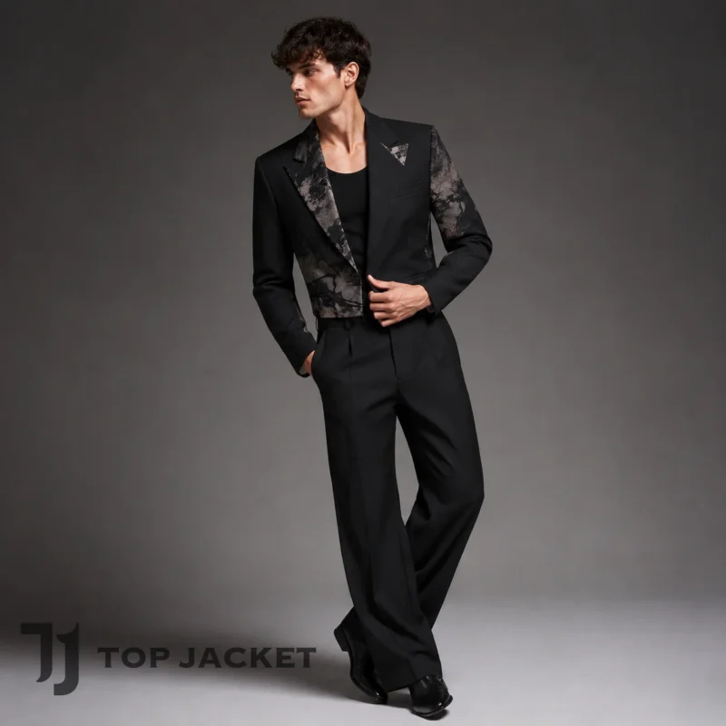 Black and grey abstract-print cropped blazer
