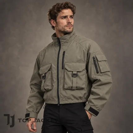 Men’s Cropped Utility Windbreaker, Khaki Cargo Jacket, Tactical Techwear Bomber, Gorpcore Military Streetwear Coat