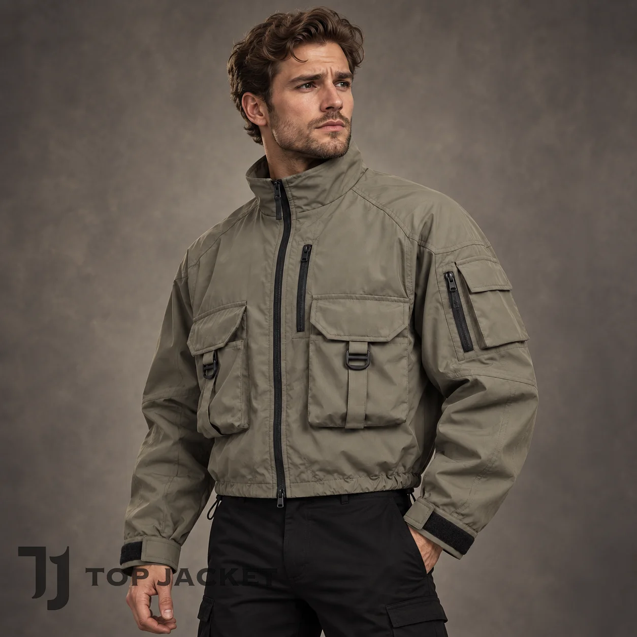 Men’s Cropped Utility Windbreaker, Khaki Cargo Jacket, Tactical Techwear Bomber, Gorpcore Military Streetwear Coat Men’s Cropped Utility Windbreaker, Khaki Cargo Jacket, Tactical Techwear Bomber, Gorpcore Military Streetwear Coat