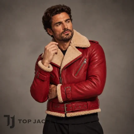 Men’s Red Aviator Leather Jacket, Cropped Shearling Moto Biker Coat, Fur Lined Belted Motorcycle Jacket, Winter Outerwear