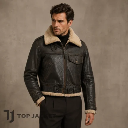 Men’s Vintage Aviator Jacket, Cropped Brown Leather Bomber, Shearling Collar Biker Jacket, Retro Motorcycle Winter Coat