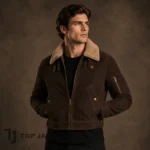 Men’s Vintage Brown Bomber Jacket, Cropped Aviator Jacket, Sherpa Collar Flight Jacket, Retro Pilot Biker Streetwear Coat