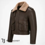 Men’s Vintage Brown Leather Bomber Jacket, Cropped Flight Jacket, Shearling Collar Aviator, Utility Pocket Pilot Jacket