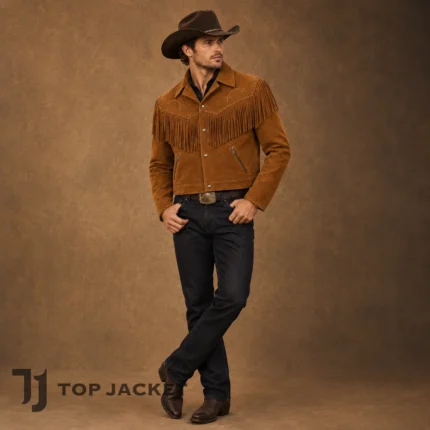 Men’s Vintage Suede Fringe Jacket, Tan Cropped Cowboy Western Coat, Rodeo Ranch Jacket, Country Western Festival Outfit
