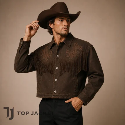 Men’s Vintage Western Fringe Jacket, Brown Cropped Leather Cowboy Coat, Embroidered Rodeo Ranch Jacket, Country Concert Outfit